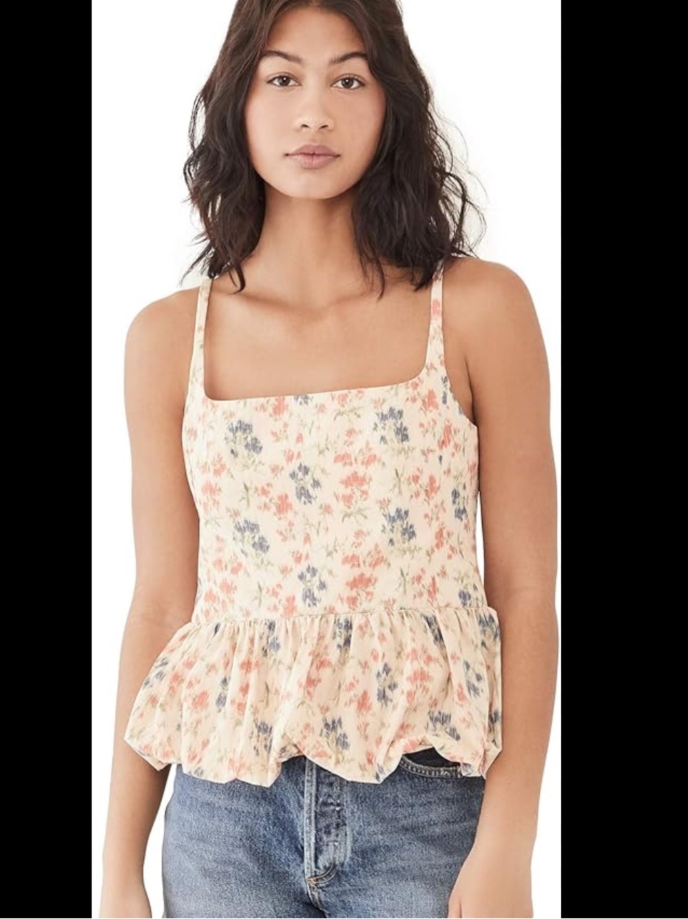Rebecca Taylor Floral Peplum Cami in Cream with Pink & Blue Blooms